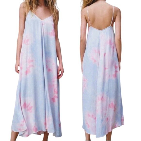 Zara Floral Maxi Dress Blue Pink Watercolor Viscose Resortwear Style Medium - Picture 1 of 8